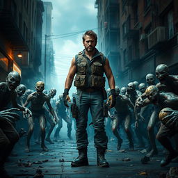 A vivid and dynamic scene depicting a lone human standing confidently amidst a horde of zombies in an urban environment