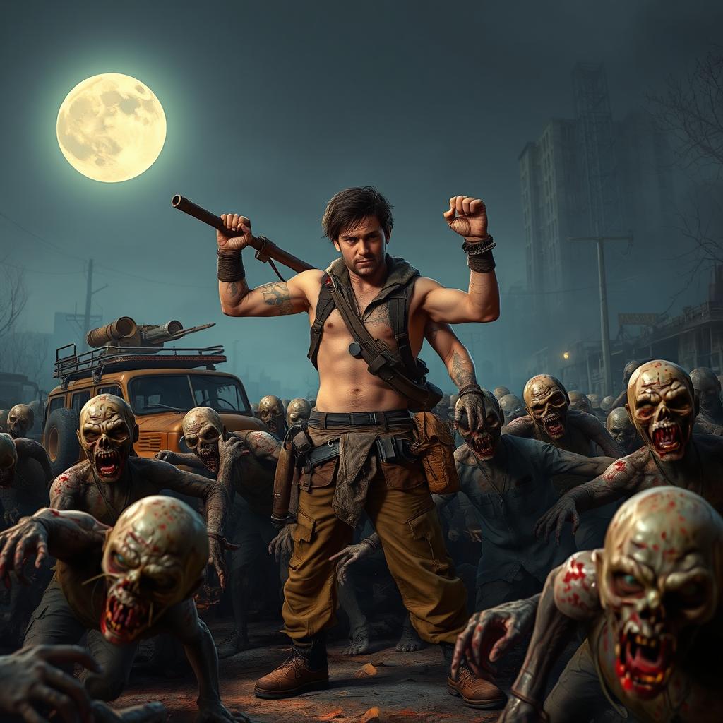 A dynamic scene featuring a human character standing defiantly among a horde of zombies