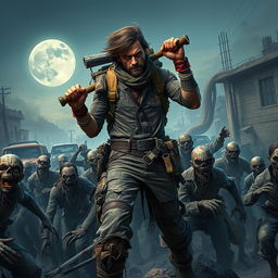 A dynamic scene featuring a human character standing defiantly among a horde of zombies