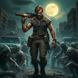 A dynamic scene featuring a human character standing defiantly among a horde of zombies