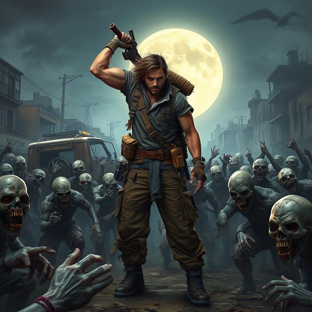 A dynamic scene featuring a human character standing defiantly among a horde of zombies