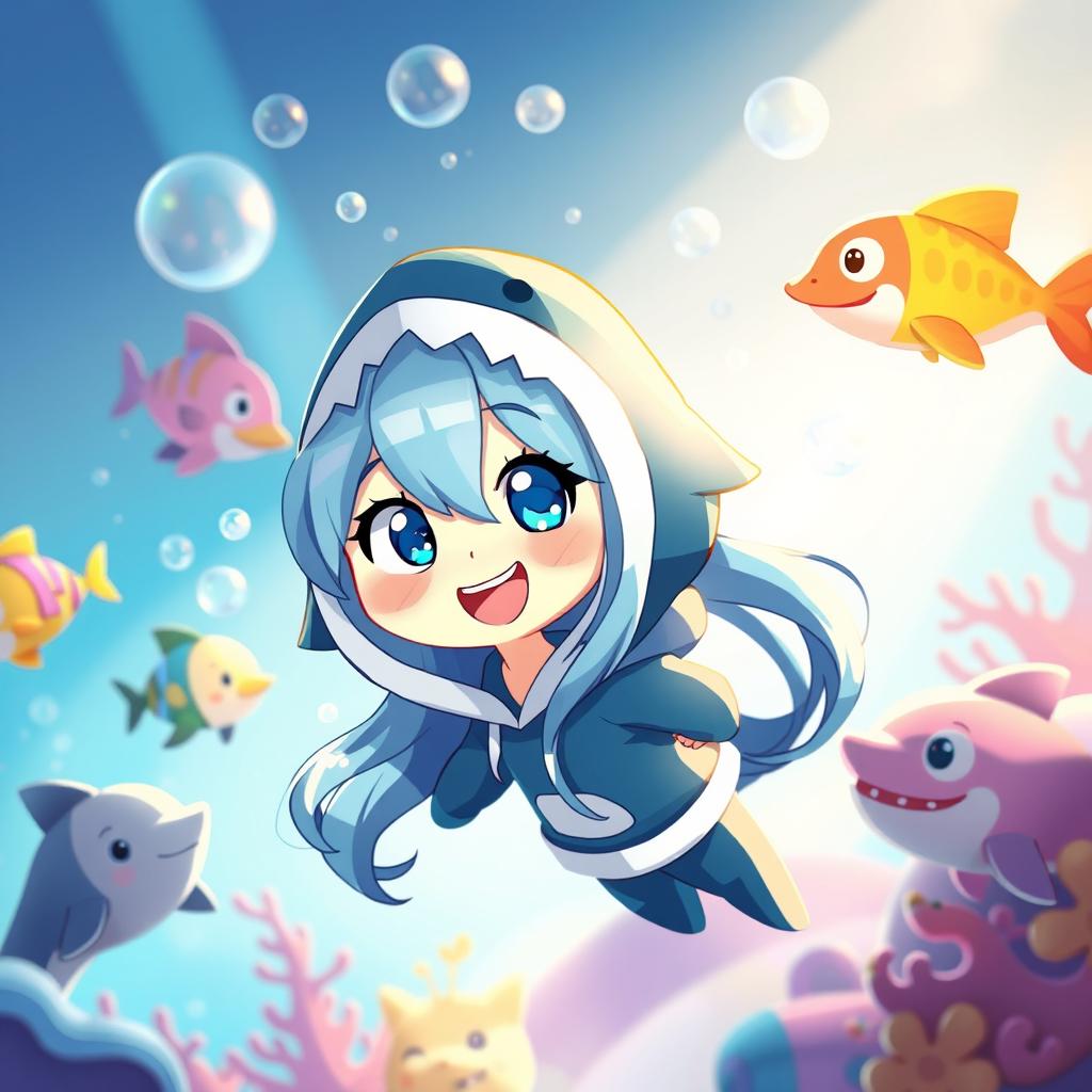 A whimsical and playful scene capturing the character Gawr Gura in a fun, fantasy-inspired setting that is full of vibrant colors and underwater themes