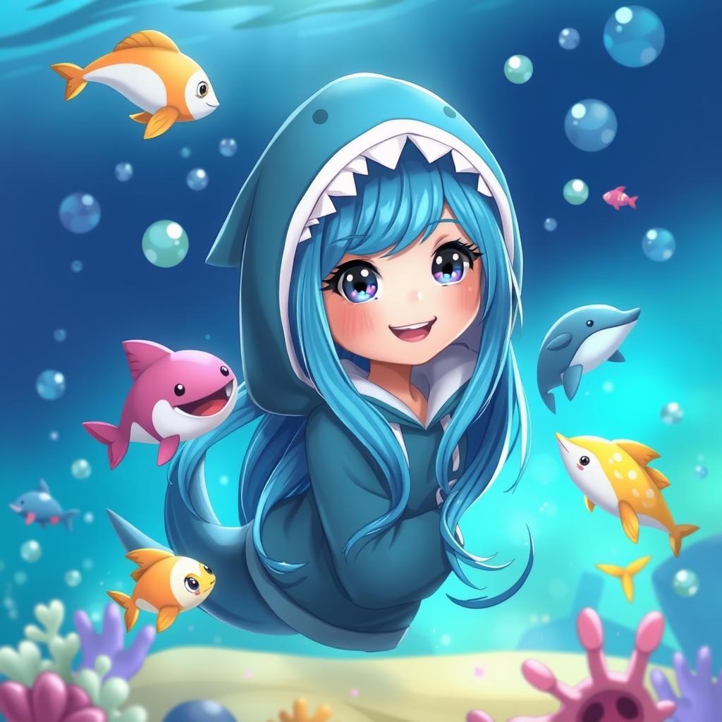 A fantasy-inspired artistic representation of Gawr Gura, the shark-themed girl with long blue hair, in a whimsical and playful ocean setting