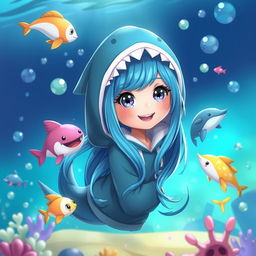 A fantasy-inspired artistic representation of Gawr Gura, the shark-themed girl with long blue hair, in a whimsical and playful ocean setting