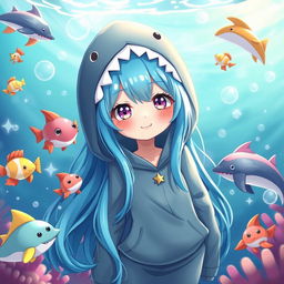 A fantasy-inspired artistic representation of Gawr Gura, the shark-themed girl with long blue hair, in a whimsical and playful ocean setting