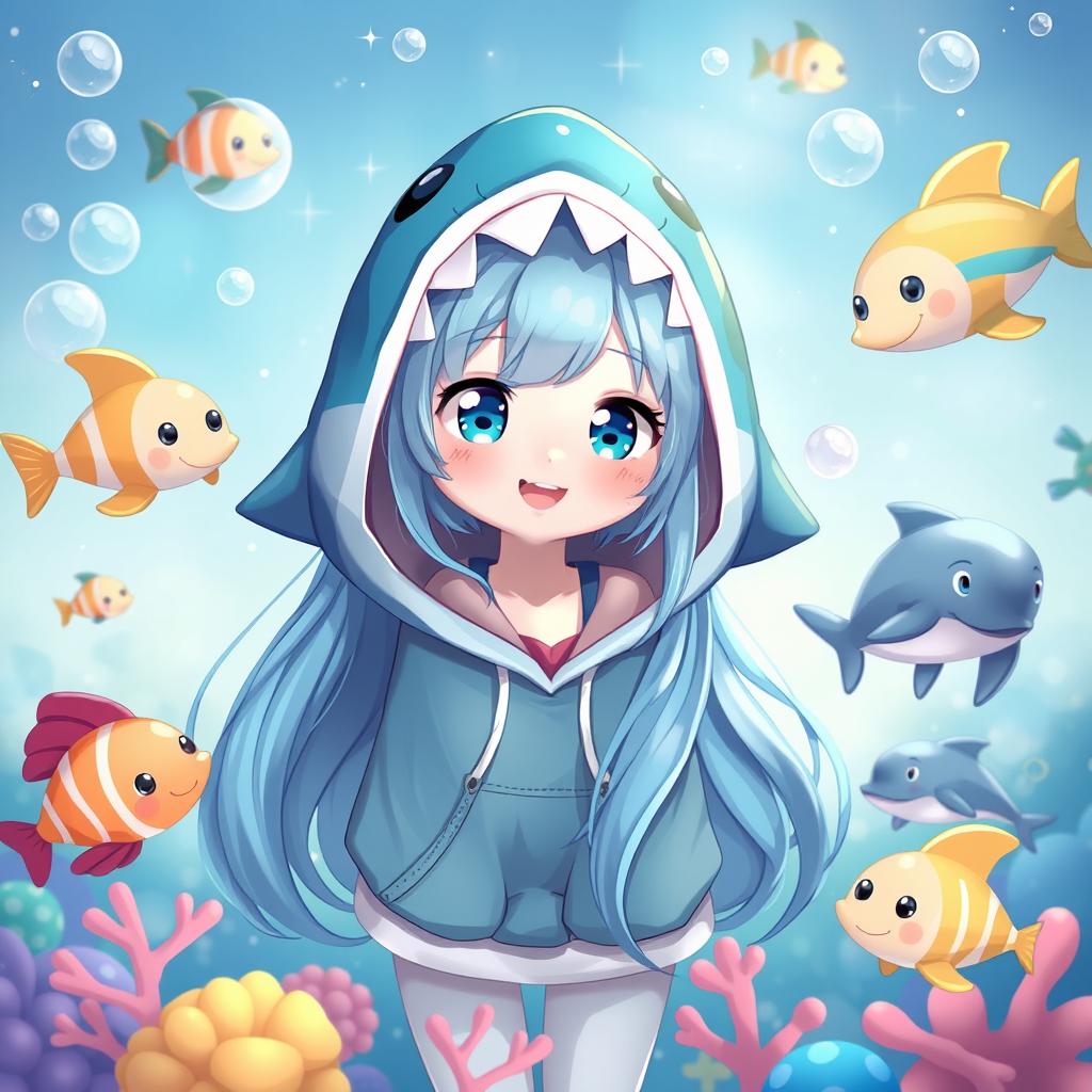 A fantasy-inspired artistic representation of Gawr Gura, the shark-themed girl with long blue hair, in a whimsical and playful ocean setting