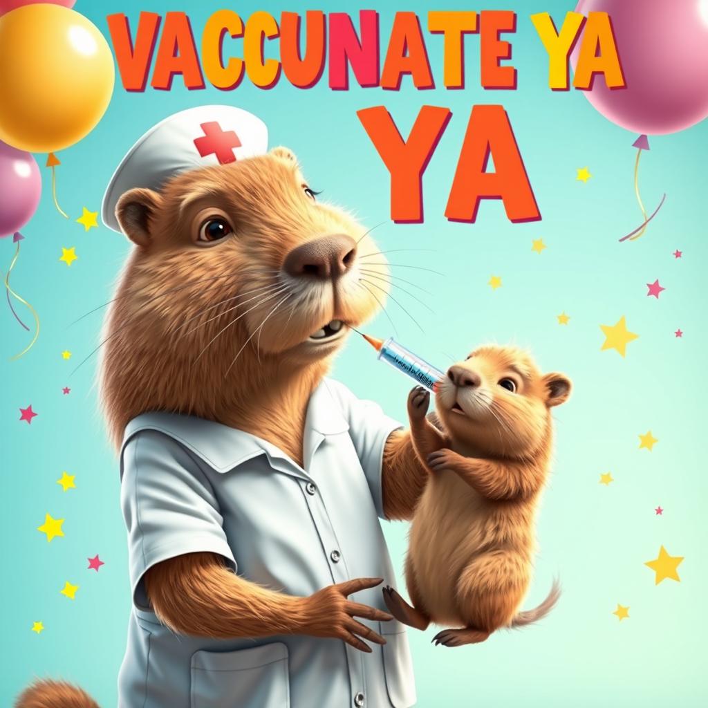 A charming and colorful movie poster featuring a capybara dressed as a nurse, complete with a nurse's outfit and a cap, gently administering an injection to a small capybara on the shoulder using a large syringe