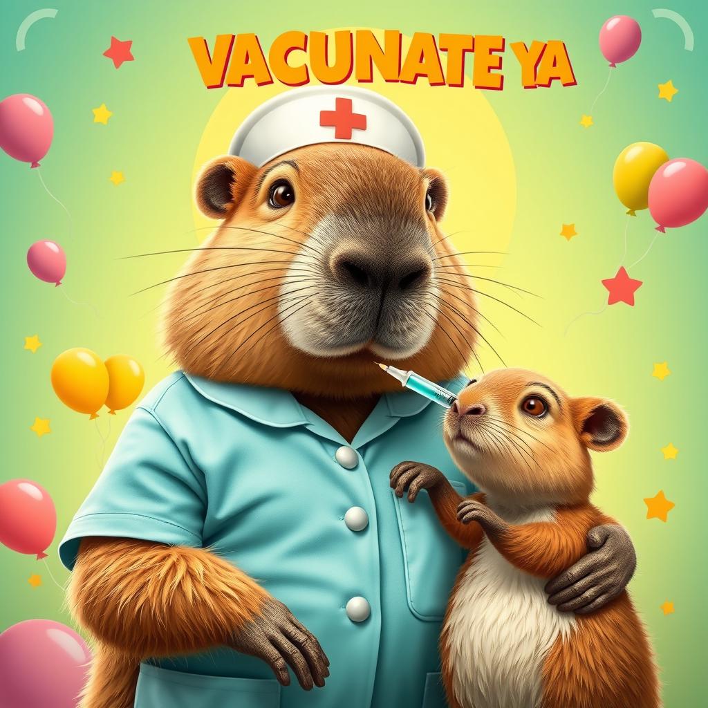 A charming and colorful movie poster featuring a capybara dressed as a nurse, complete with a nurse's outfit and a cap, gently administering an injection to a small capybara on the shoulder using a large syringe