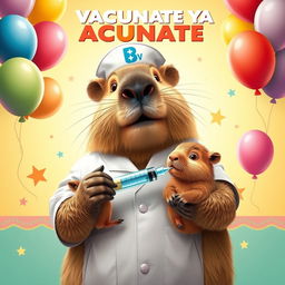 A charming and colorful movie poster featuring a capybara dressed as a nurse, complete with a nurse's outfit and a cap, gently administering an injection to a small capybara on the shoulder using a large syringe