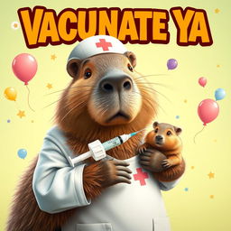 A charming and colorful movie poster featuring a capybara dressed as a nurse, complete with a nurse's outfit and a cap, gently administering an injection to a small capybara on the shoulder using a large syringe