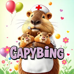 A whimsical movie poster featuring a capybara dressed as a nurse, complete with a traditional nurse's outfit and a charming cap