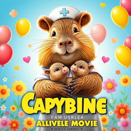 A whimsical movie poster featuring a capybara dressed as a nurse, complete with a traditional nurse's outfit and a charming cap