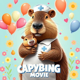 A whimsical movie poster featuring a capybara dressed as a nurse, complete with a traditional nurse's outfit and a charming cap