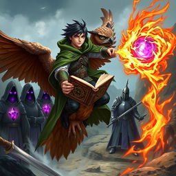 A young adult male mage with striking black hair, wearing a flowing green hooded cloak, confidently rides a majestic brown giant owl