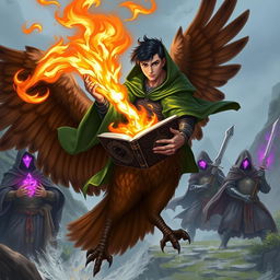 A young adult male mage with striking black hair, wearing a flowing green hooded cloak, confidently rides a majestic brown giant owl