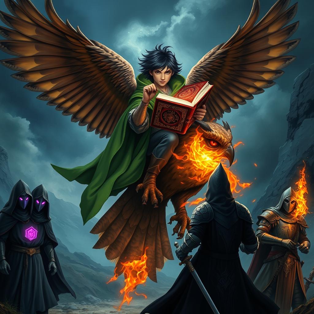 A young adult male mage with striking black hair, wearing a flowing green hooded cloak, confidently rides a majestic brown giant owl