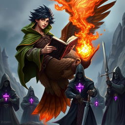 A young adult male mage with striking black hair, wearing a flowing green hooded cloak, confidently rides a majestic brown giant owl