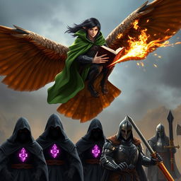 A young adult male mage with sleek black hair, clad in a flowing green hooded cloak, is riding on the back of a soaring brown giant owl