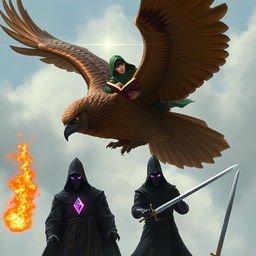 A young adult male mage with sleek black hair, clad in a flowing green hooded cloak, is riding on the back of a soaring brown giant owl