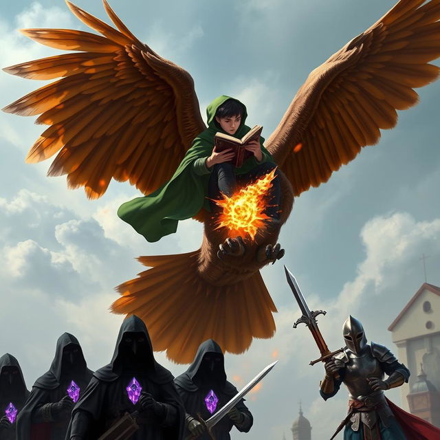 A young adult male mage with sleek black hair, clad in a flowing green hooded cloak, is riding on the back of a soaring brown giant owl