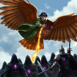 A young adult male mage with sleek black hair, clad in a flowing green hooded cloak, is riding on the back of a soaring brown giant owl