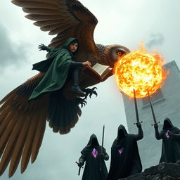 A young adult male mage with sleek black hair, dressed in a flowing green hooded cloak, is mounted on the back of a massive brown giant owl soaring through a foggy sky