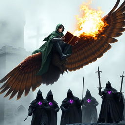 A young adult male mage with sleek black hair, dressed in a flowing green hooded cloak, is mounted on the back of a massive brown giant owl soaring through a foggy sky