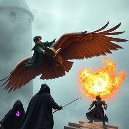 A young adult male mage with sleek black hair, dressed in a flowing green hooded cloak, is mounted on the back of a massive brown giant owl soaring through a foggy sky