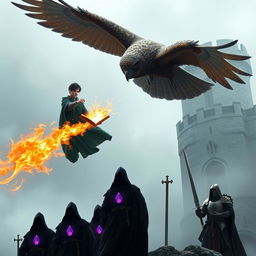 A young adult male mage with sleek black hair, dressed in a flowing green hooded cloak, is mounted on the back of a massive brown giant owl soaring through a foggy sky