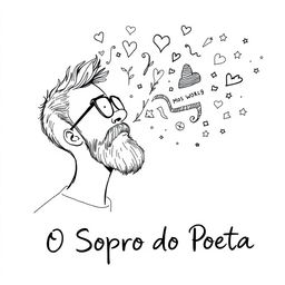 A black and white sketch for a poetry book cover titled "O Sopro do Poeta"