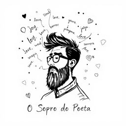 A black and white sketch for the cover of a poetry book titled "O Sopro do Poeta"