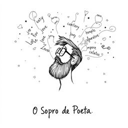 A black and white sketch for the cover of a poetry book titled "O Sopro do Poeta"