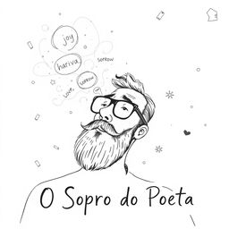 A black and white sketch for the cover of a poetry book titled "O Sopro do Poeta"