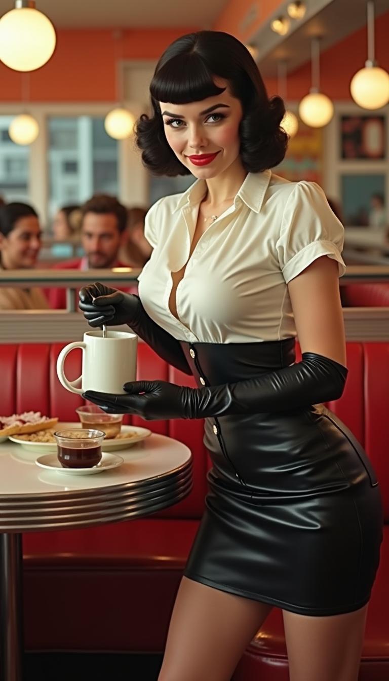 A lively 1950s pin-up scene in a retro crowded diner, showcasing a waitress reminiscent of Bettie Page