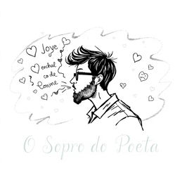 A black and white sketch for a poetry book cover titled "O Sopro do Poeta"