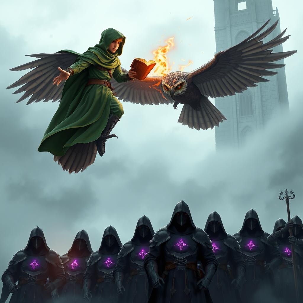 A young adult male mage, cloaked in a flowing green hood, hovers high in the foggy sky next to an ancient, looming tower