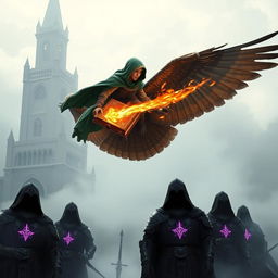 A young adult male mage, cloaked in a flowing green hood, hovers high in the foggy sky next to an ancient, looming tower