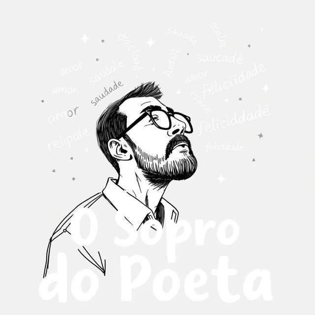 A black and white sketch for the cover of a poetry book titled "O Sopro do Poeta"