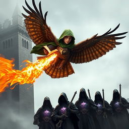 A young adult male mage, adorned in a lush green hooded cloak, soars high in the foggy sky, approximately 60 feet above the ground beside a tall, ancient tower