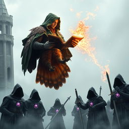 A young adult male mage, adorned in a lush green hooded cloak, soars high in the foggy sky, approximately 60 feet above the ground beside a tall, ancient tower