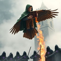 A young adult male mage, adorned in a lush green hooded cloak, soars high in the foggy sky, approximately 60 feet above the ground beside a tall, ancient tower