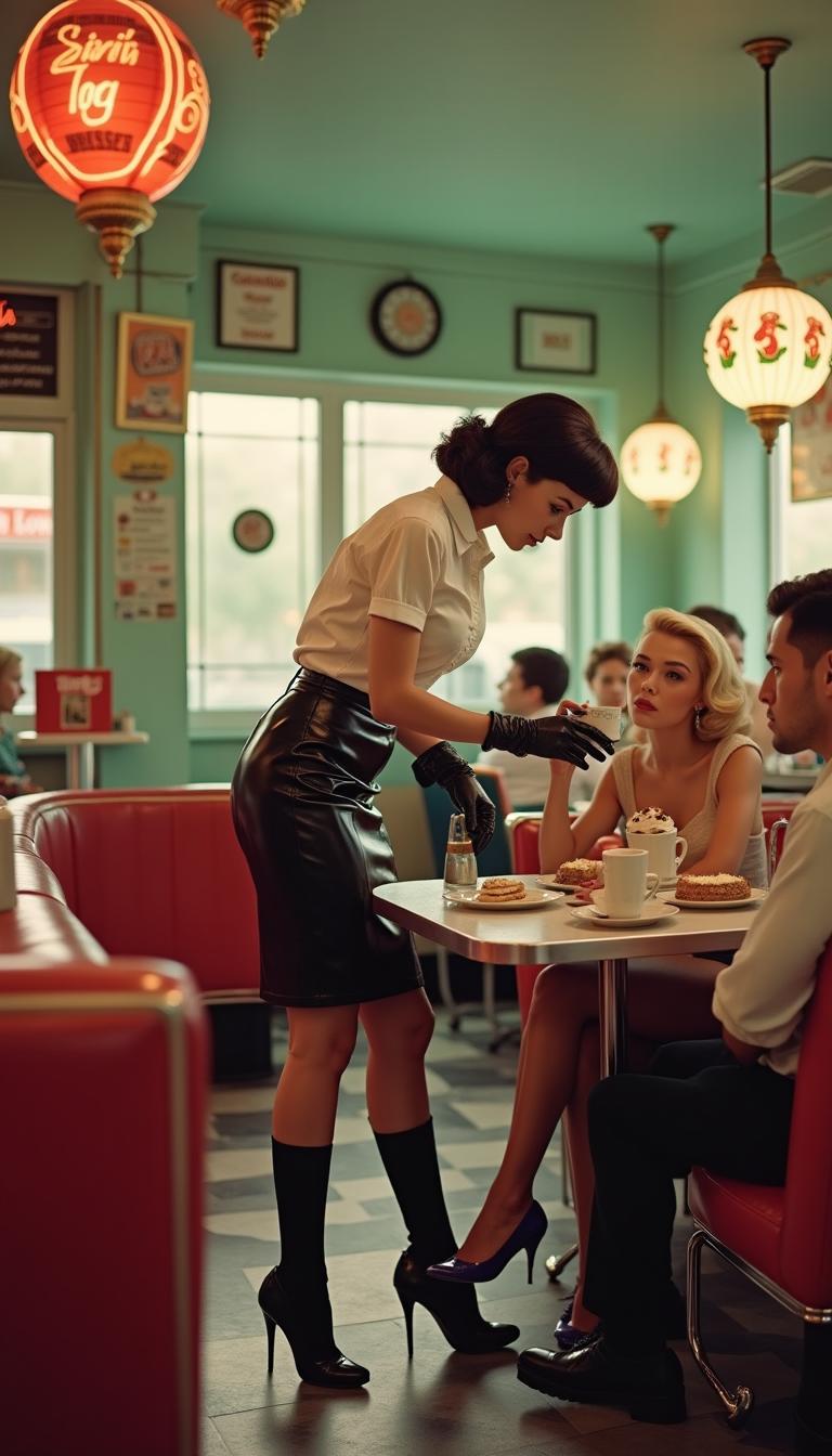 A vibrant 1950s pin-up scene set in a retro crowded diner, featuring a waitress inspired by Bettie Page