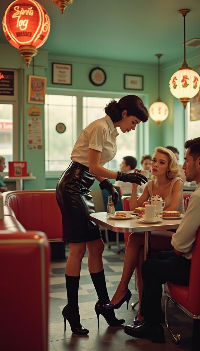 A vibrant 1950s pin-up scene set in a retro crowded diner, featuring a waitress inspired by Bettie Page