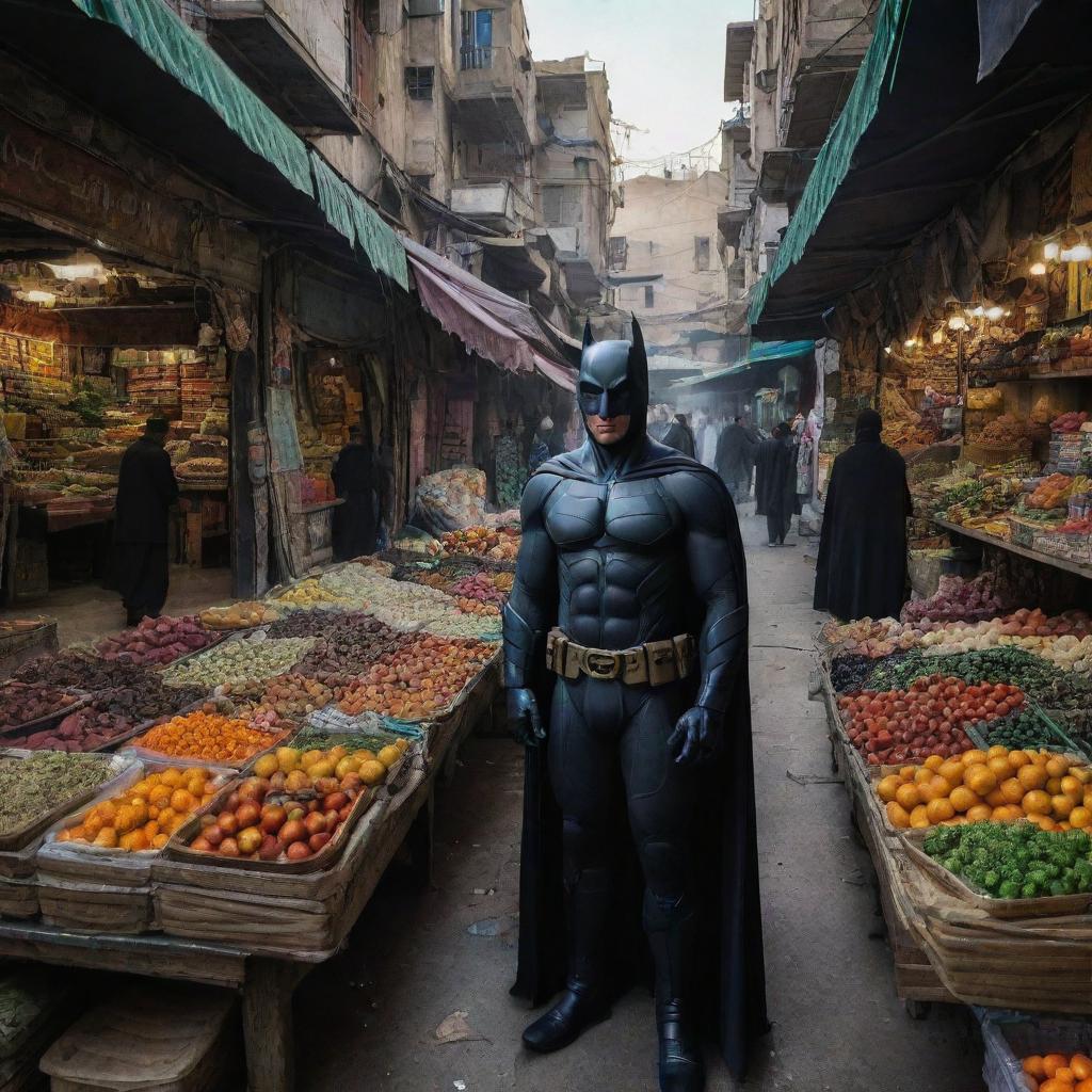 A highly detailed and realistic image of Batman visiting a local bazaar in Tehran, blending the darker and mysterious aesthetic of Gotham with the vibrant colors and textures of the Middle Eastern city