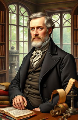 A detailed and vibrant portrait of Karl Ludwig von Haller, a prominent figure in the restoration of political science, set in a historically inspired background that reflects 19th-century Europe