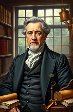 A detailed and vibrant portrait of Karl Ludwig von Haller, a prominent figure in the restoration of political science, set in a historically inspired background that reflects 19th-century Europe