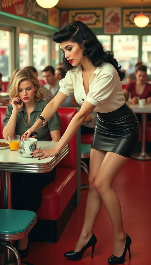 A vibrant 1950s pin-up scene set in a retro crowded diner, showcasing a waitress inspired by Bettie Page