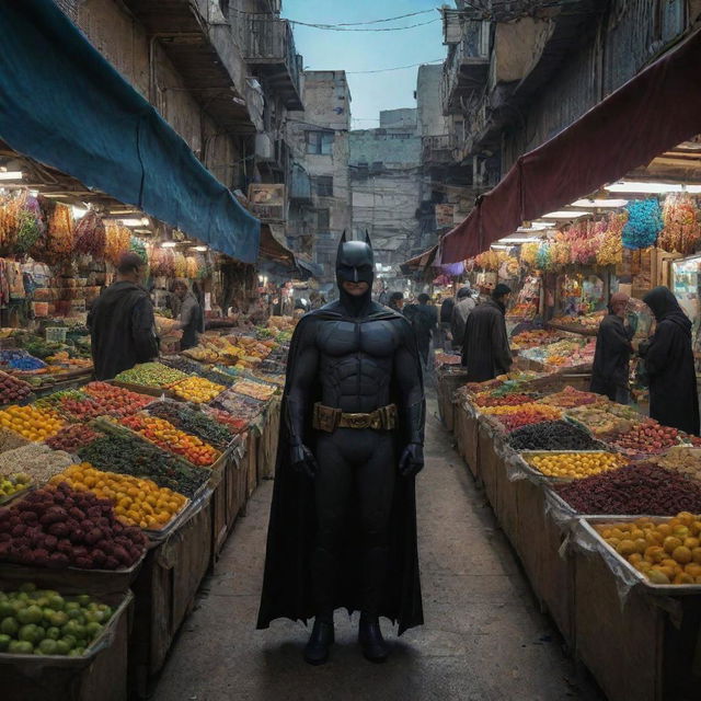 A highly detailed and realistic image of Batman visiting a local bazaar in Tehran, blending the darker and mysterious aesthetic of Gotham with the vibrant colors and textures of the Middle Eastern city