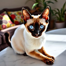 A beautiful Siamese cat with striking blue almond-shaped eyes, sleek cream-colored fur with dark chocolate points on the ears, face, paws, and tail