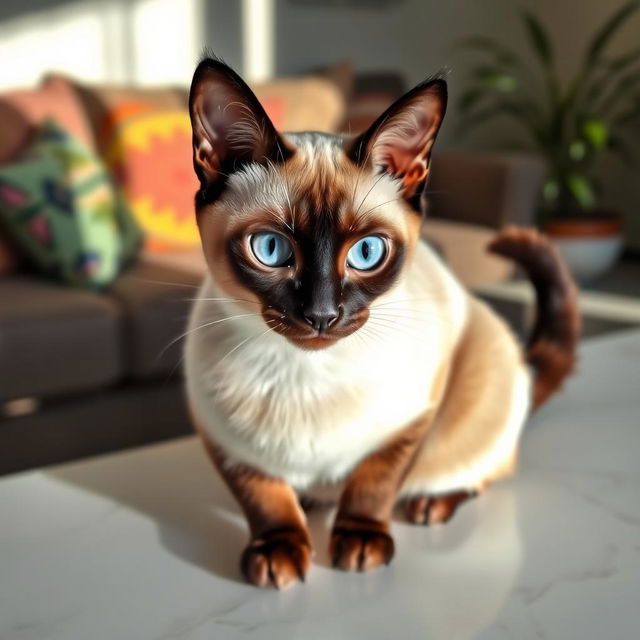 A beautiful Siamese cat with striking blue almond-shaped eyes, sleek cream-colored fur with dark chocolate points on the ears, face, paws, and tail